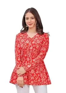 Women’s Floral Print Short Viscose Rayon Kurti for Girls | Regular Wear Flared Tunic Top 3/4 Sleeves V-Neck Top for Women | Short Kurtis for Women