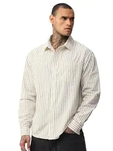 The Souled Store Striped Shirt: Mono Edge Men and Boys Long Sleeve Spread Collar Off White Striped Cotton Lightweight Easy to Style Everyday Office Wear Relaxed Shirt