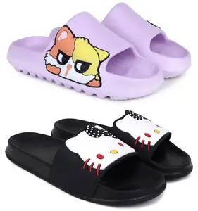 Pampy Angel Combo Pack of 2 Slipper/Flip Flops/Slides for Women,(Pika-Purple,Kitty-Black),37 (Euro)