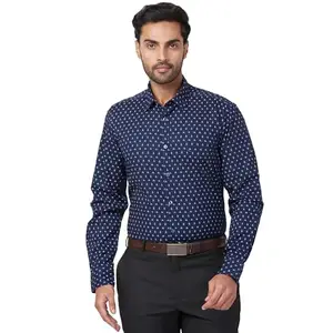 Parx Men's Slim Fit Print Pattern Pure Cotton Full Sleeve Semi Cut Away Collar Casual Shirt (Size: 42)-XMSS13737-B7 Dark Blue
