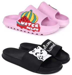 Pampy Angel Combo Pack of 2 Slipper/Flip Flops/Slides for Women,(Melon-Pink,Welcome-Black),37 (Euro)