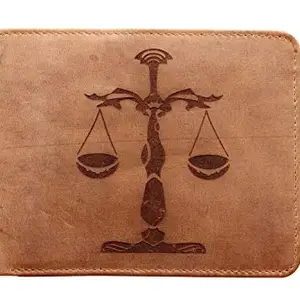 Karmanah Libra Zodiac Sign Engraved Genuine Leather Wallet with Flap and RFID Protection. Grey