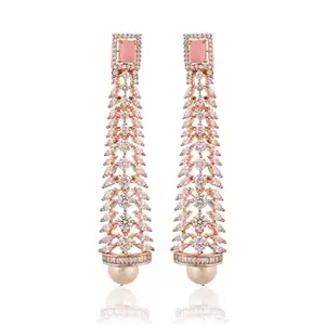 Ratnavali Jewels Earrings Pink American Diamond Rose Gold Plated Pearl Dangle Drop Statement Earring For Women/Girls