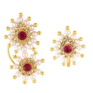 VFJ VIGHNAHARTA FASHION JEWELLERY Vighnaharta Gold Plated with Pearl CZ and Artificial stone Clip-on and Press Maharashtrian Nath Nathiya./ Nose Pin valentine day gift valentineday gift for her gift for him gift for women gift for women [VFJ1190NTH-Red-1192NTH-Red]