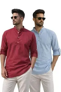 Bahumaan Pure Cotton Short Kurta for Men with Chinese Collar and Roll-Tab Sleeves | Solid Kurta Shirt for Men for Casualwear and Daily Comfort