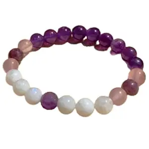 Lady Works Natural Amethyst, Rose Quartz, Moonstone & Lepidolite 8mm Round Shape Smooth Cut Beads 7.5 Inch Stretchable Bracelet For Men & Women. Unisex Bracelet For Healing & Meditation|LW_BRST_00614_7.5