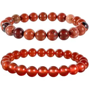 RRJEWELZ Carnelian & Red Jasper 8mm Round Smooth beads Long Distance Couples Love Friendship Combo Bracelet Set - Couples Relationship 6 inch Stretchable Bracelets set|RR_CPBR_107_6