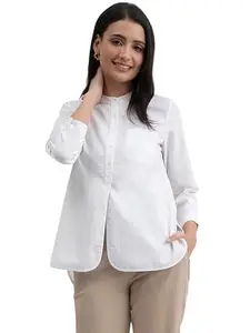 Pink Fort Women's Linen Blend Mandarin Collar Top - White