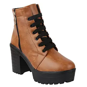 Shoetopia Tan Coloured Girls Casual Solid Mid Top Lace Up Heeled Boots