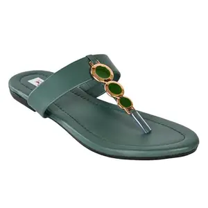 URBANDESIGNS Women's Synthetic Casual T-Strap Flat Sandals | Slip-On Lightweight Cushioned Footbed Flats Slippers | Girls Comfort Footwear for Party, Everyday and Gifting (Green, 41)