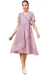 Women's Cotton Check Printed Dresses (Light Pink, S)-PID43799