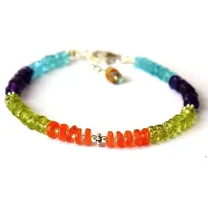 LKBEADS Amethyst, Peridot, Carnelian & Apatite bracelet with Silver clasp - 3-3.5mm Tyre beads- Smooth Cut -7 Inch Adjustable Bracelet– Healing, Fashion, Gift, Spiritual, Yoga|LK_STACK_06830