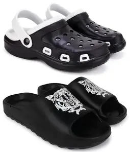Pampy Angel Combo Pack of 2 Slipper/Flip Flops/Slides/Clogs/Sandals with Adjustable Back Strap for Men,(Cl-Shell-Black,Y-Tyger-Black),6 (UK/India)