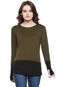 HYPERNATION Green and Black Color Cotton Thumb Insert T-Shirt for Women