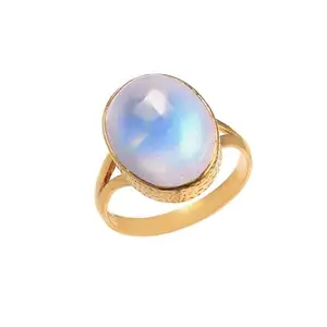 APRIYA FASHION JEWELLERY Rainbow Moonstone Ring for Women Silver with Gold Plating Oval Cut Natural Gemstone | Textured Minimalist Design | Daily, Party & Office Wear Jewelry Gift (Size-7.5)