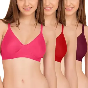 Tweens - Non Padded Single Hook Bra - Cotton Rich Fabric - Full Coverage, Multiway Straps, Wirefree, Seamless T-Shirt Bra (TW-265-DPK-RD-MG-3PC-34B)