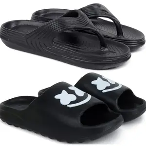 Pampy Angel Combo Pack of 2 Slipper/Flip Flops/Slides/Clogs/Sandals with Adjustable Back Strap for Men,(V-Evafeet-Black,Y-Smarto-Black),6 (UK/India)