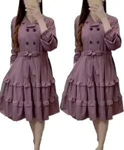 Elegant Crepe Long Sleeve Dress for Women Single Piece Solid Pattern Casual Comfortable Outfit