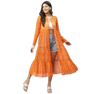 DEEBACO Women's Leaf Print Chiffon Crop Shrug for Women|Full Straight Sleeve Tie-UP Neck|One Piece Casual College Office Wearable Fashionable Party Outfit for Ladies