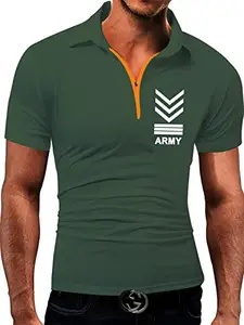 TeeWink Latest & Stylish Army Graphics Printed Polo T-Shirt with Neon Orange Zip | Unisex Regular fit Premium Casual Wear Collar Tshirts