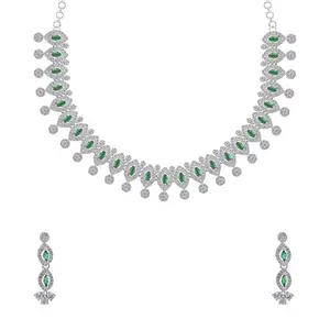 Niramya Jewels Brass Designer Sleek Green Zirconia Necklace & Earring Set For Women | Fashion Jewellery Set | Fancy Stone Studded Necklace Set | Silver Polished