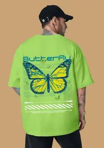 OFFMINT Butterfly Printed Green Oversized T-Shirt|Loose Men's Tshirt |Casual Wear Tees for Boys (XXL)