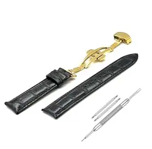 Lineon 22mm Half Padded Premium Leather Mens Watch Strap with ButterFly Lock For Branded Watches Tool and Pins Include