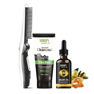 SAAN Life Science 3-in-1 Beard Straightening Kit With Premium Beard Oil, Activated Charcoal Face Wash & Anti-Burn Beard Straightener | Made in India