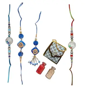 Sweksha Creations Designer Silver Rakhis features stunning blue,red and white motif, with intricate Flower detailing on each Rakhi,Designer Evil Eye Pair rakhi with Roli chawal