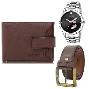 LOREM Mens Combo of Watch with Artificial Leather Wallet & Belt FZ-LR104-WL09-BL02