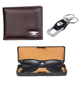 Mundkar Pu Brown Wallet Black Sunglass and Keychan Hook Men's Gift Set