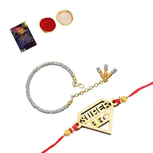 Fashion Charm Bhaiya Rakhi " SUPER HERO" Designer Pendent With Silver Bracelet Kada BhabhiRakhi Combo With Roli Chawal And Greeting Card -194