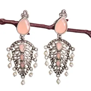 Navraee Earrings for Women Fashion Jhumka Oxidised Silver Earrings for women Dual Drop Dangler-Peach