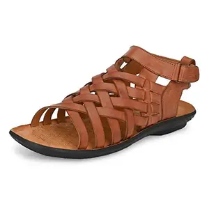 HITZ Men's Tan Leather Open Toe Sandals with Slip On Closure - 10