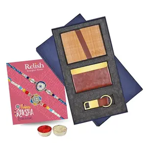 Relish Rakhi Gift Combo Pack for Brother | 2 Rakhi, Brown Card Holder, Wallet, Keychain, Roli Chawal Pack, Greeting Card | Raksha Bandhan Gift Hamper