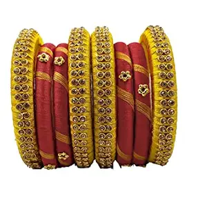 HARSHAS INDIA CRAFT Hand Craft Plastic Silk Thread Bangles Plastic Bangle Set For Women's (Maroon-Yellow) (Pack of 8) (Size-2/4)