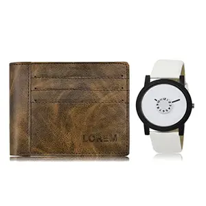 LOREM Combo of White Wrist Watch & Brown Color Artificial Leather Wallet (Fz-Wl19-Lr26)