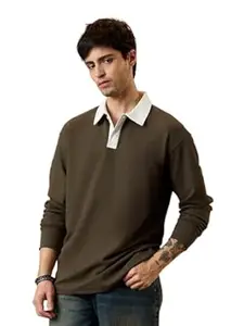 The Souled Store Rugby Polo: Dessert Men and Boys Long Sleeve Spread Collar Dessert Brown and White Textured Cotton Blend Oversized Waffle Textured Breathable All-Season Polos