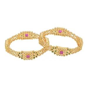 I Jewels Gold Plated Traditional Pota Stone Studded Brass Bangles For Women/Girls (ADB454QG) (Set of 2)