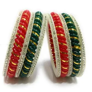 Designer Spiral Bangle Set with Rhinestones, Golden Film Coated, Multi-Colour Plastic Bangles for Women and Girls by Kanchan Bangles Corner (Red-Green, 2.6)