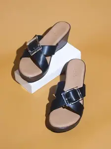Inc.5 Women Black Open Toe Wedge Heels