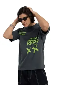 SNITCH Men's T-Shirts | Oversized Graphic Print | 100% Cotton, Crew Neck, Half Sleeve, Casual Wear, Street Wear |Dusty Charcoal Grey, M