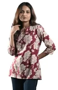 Women’s Self Printed Pure Cotton 3/4 Sleeve Maroon Short Kurta