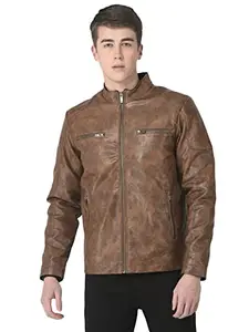 Crimsoune Club Men Tan Tie-Dye Effect Leather Jacket (XXL)