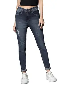 HIGH STAR Women Blue Slim Fit High-Rise Low Distress Heavy Fade Acid Wash Stretchable Jeans(32)