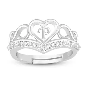 Lila Valentine Ring Heart Alphabet 'P' Promise Propose Engagement Wedding Anniversary Brass, Stainless Steel, Copper, Alloy Cubic Zirconia Ring (BZR_HC370CrwnSlvr(P) AlphRng(M01)_Prnt)