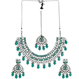 ACCESSHER traditional Oxidised Silver Jewellery Set embellished with Mirror Kundan Emrald drops Necklace set with Earrings and Maangtikka for women and girls