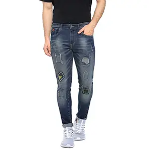 Campus Sutra Men's Denim Jeans for Regular Wear|Blue|Mid Wash|Patchwork|Slim Fit|Jeans Crafted with Comfort Fit and High-Performance for Everyday Casual Wear