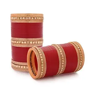 T4 Jewels Mirror Textured Chuda Designer Red Chooda Punjabi Dulhan Chura Bangles For Women & Girls_Red_2.6