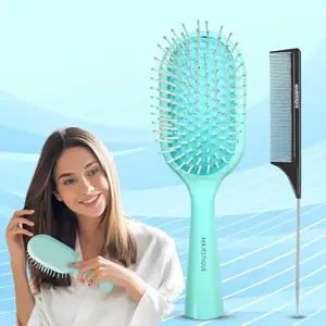 Majestique Paddle Detangling Hair Brush with Tail Comb | Anti-Slip Handle, Flat Hair Brush for Wet & Dry Hair | Scalp Massage & Hair Styling for Women & Men – 2Pcs, Multicolor